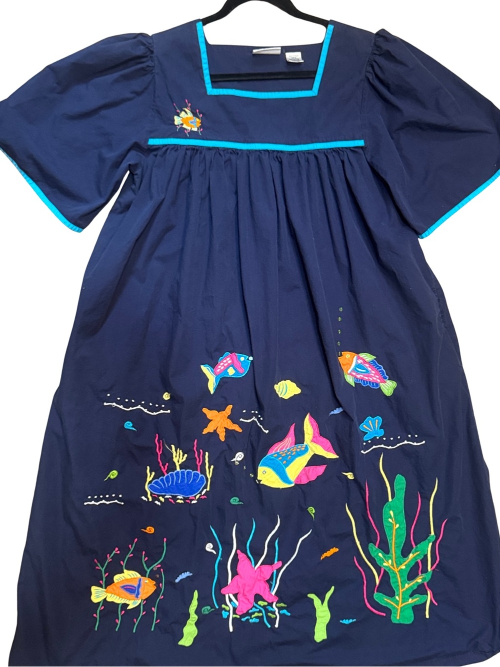 Navy Embroidered Ocean Scene 100% Cotton Smock Dress w/Turquoise Trim & pockets